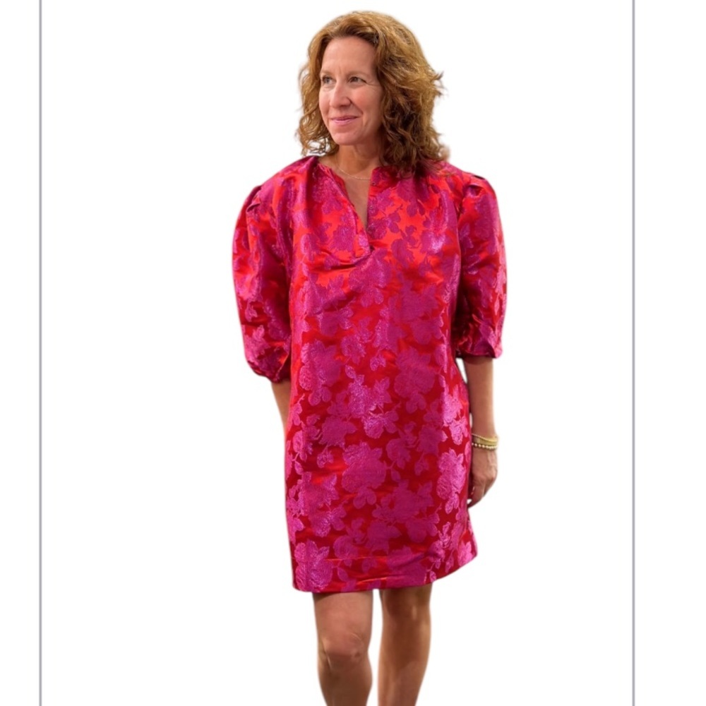 CARYN LAWN Asher Floral Jacquard Puff Sleeve Mini Dress Metallic Red Pink OS - Picture 4 of 15